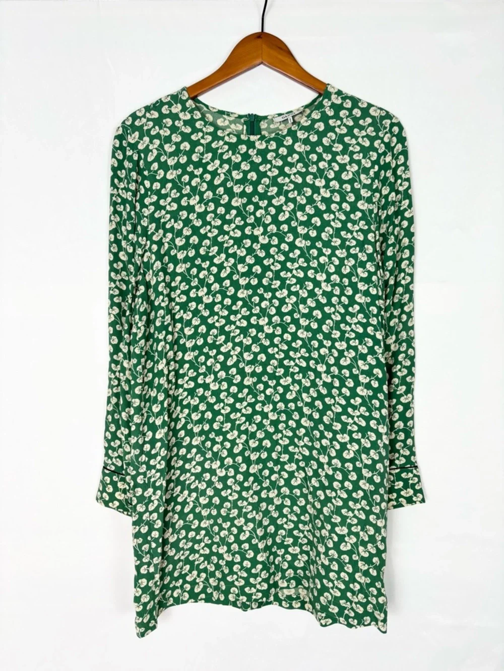 GANNI Mini Long Sleeve‎ Floral Printed Dress Crew Neck Green White EUR 36/US 4